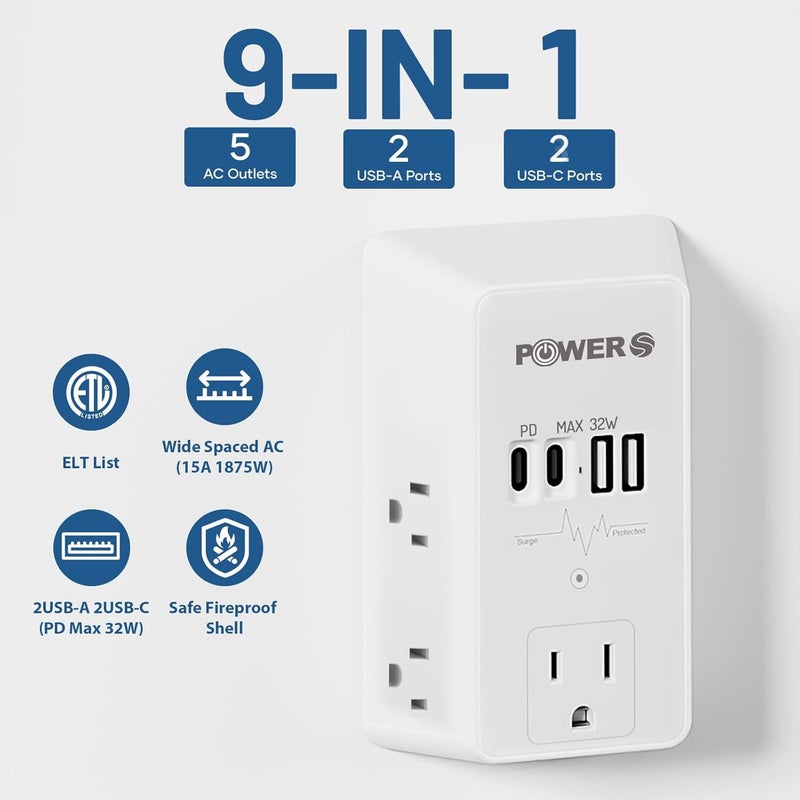 POWERS 20W PD Fast Charging Wall Outlet with USB Ports (2C2A), Electrical Outlet Extender, Surge Protector, Wall Plug Adapter for Multiple Devices, Wall Socket Expander - Image 3